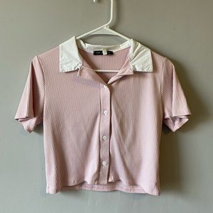 Pink button-down t-shirt with white collar
